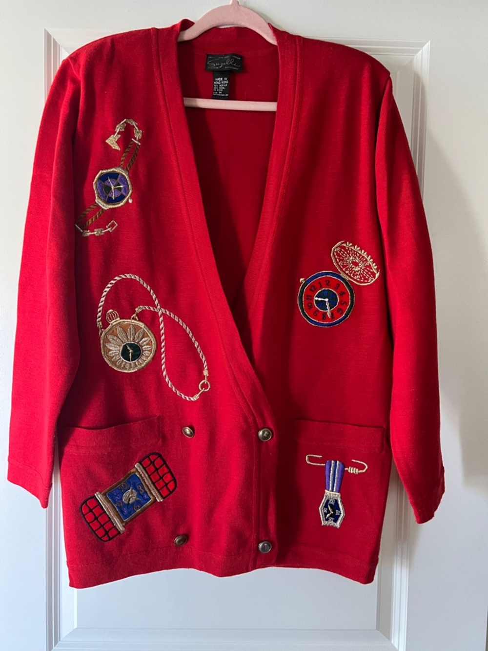 Suzelle Vintage Watch Double Breadted Red Knit Sweater